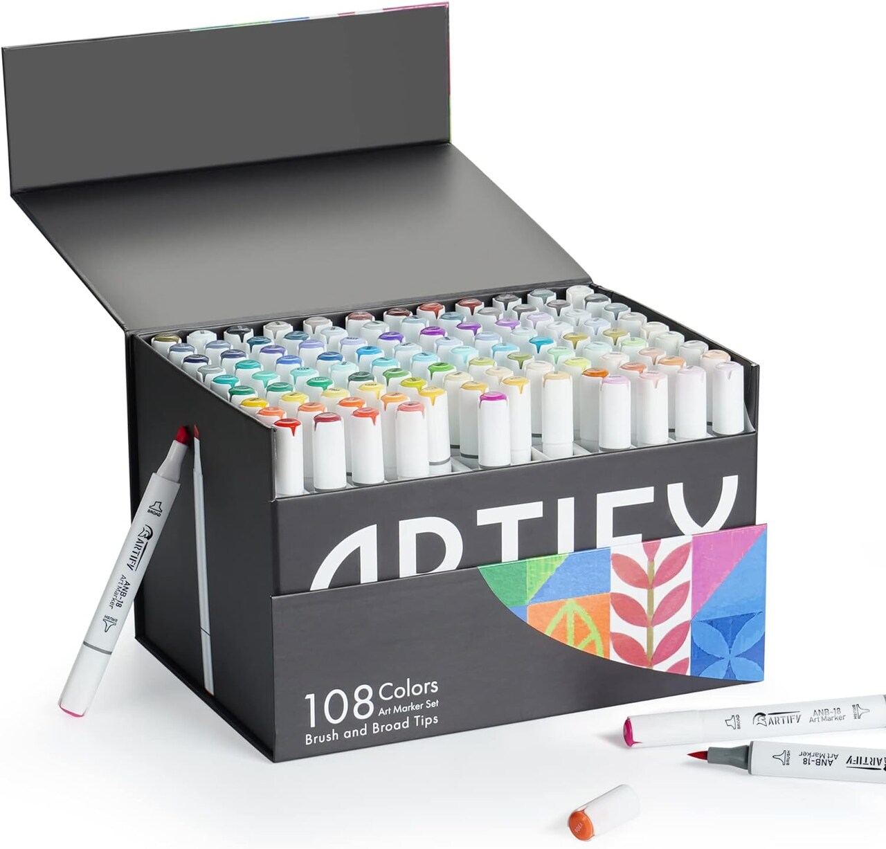 ARTIFY Alcohol Brush Markers, Brush & Chisel Dual Tips Professional Artist Art Markers, Drawing Marker with Carrying Case for Adult Coloring (Set of 108 in gift packaging, Universal Colors)